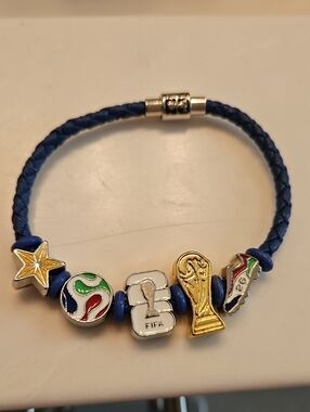 Blue Kids Soccer Charm Bracelet with Gold World Cup and FIFA Charms
